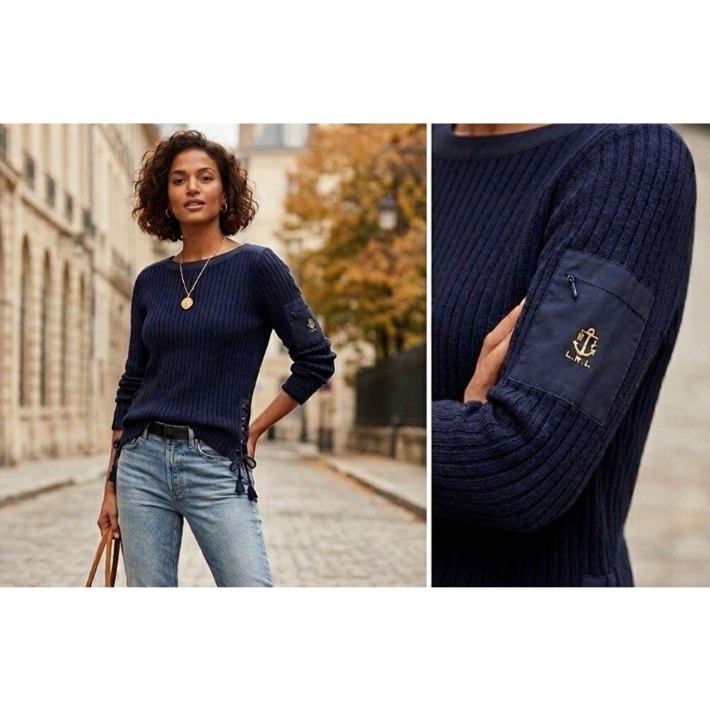 Lauren Ralph Lauren Ribbed Sweater Women‎ Medium Blue Cotton Nautical Coastal